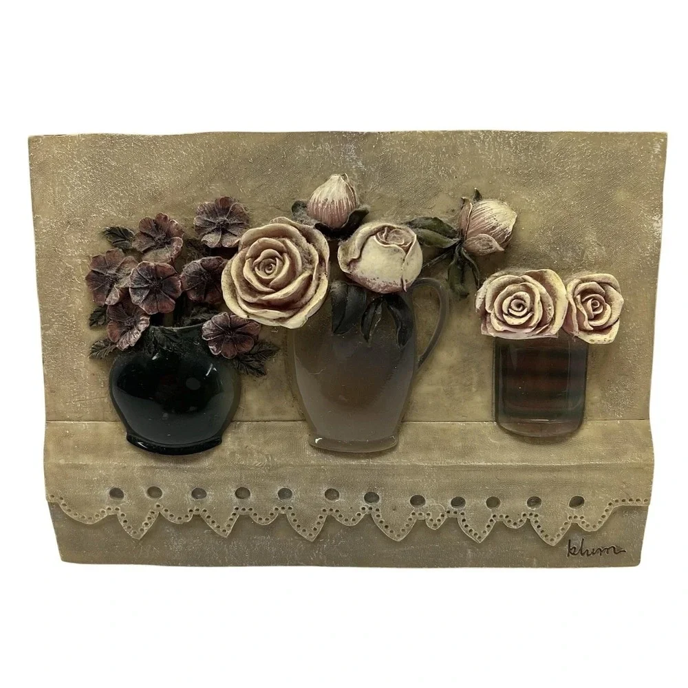 Vintage‎ Cheri Blum 3D Rose Floral Vase Wall Art Plaque 6.25